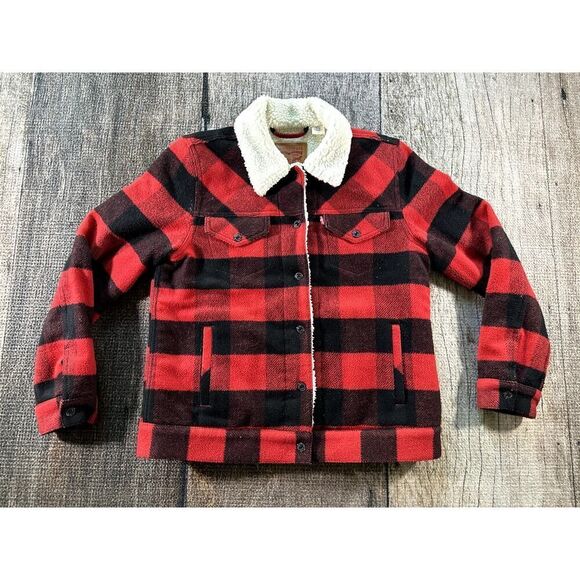 Levis Womens Medium Boyfriend Jacket Plaid Flannel Sherpa Lined Long Sleeve - Picture 1 of 8